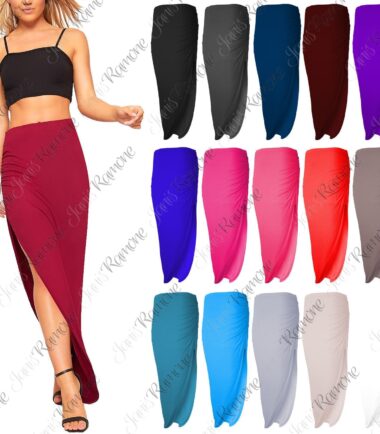 New-Womens-Plain-Ruched-Side-Split-Summer-Basic-Asymmetric-Gypsy-Long-Maxi-Skirt New Womens Plain Ruched Side Split Summer Basic Asymmetric Gypsy Long Maxi Skirt