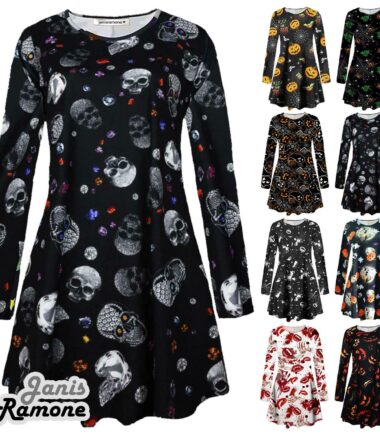 New Womens Witch Skull Moon Cat Halloween Flared Mini Swing Dress Plus Size