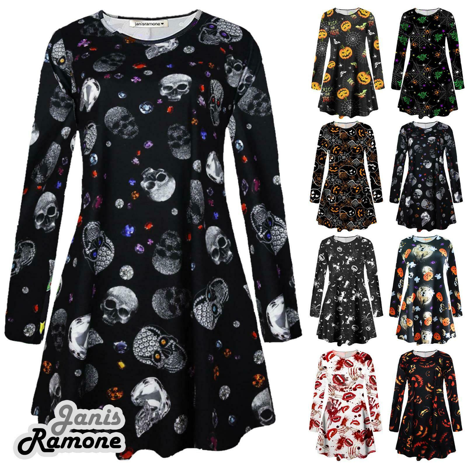 New-Womens-Witch-Skull-Moon-Cat-Halloween-Flared-Mini-Swing-Dress-Plus-Size New Womens Witch Skull Moon Cat Halloween Flared Mini Swing Dress Plus Size