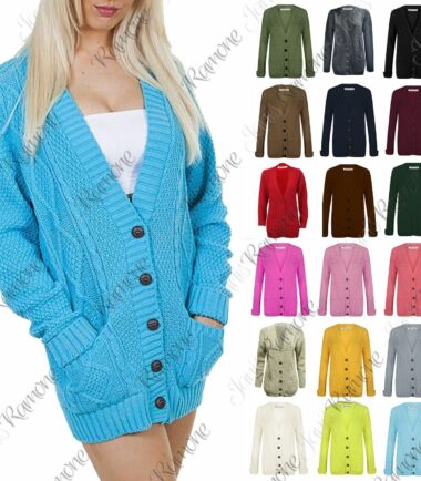 New Womens Chunky Cable Knitted ButtonUp Long Sleeve Grandad Cardigan Jumper Top