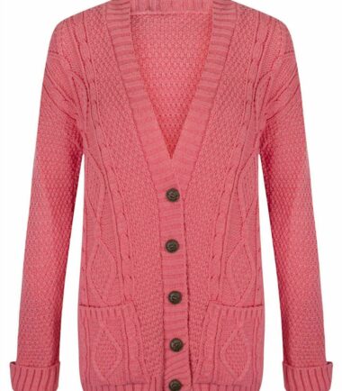 New Womens Chunky Cable Knitted ButtonUp Long Sleeve Grandad Cardigan Jumper Top