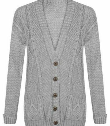 New Womens Chunky Cable Knitted ButtonUp Long Sleeve Grandad Cardigan Jumper Top