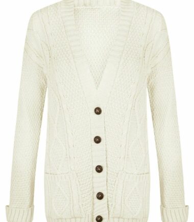 New Womens Chunky Cable Knitted ButtonUp Long Sleeve Grandad Cardigan Jumper Top