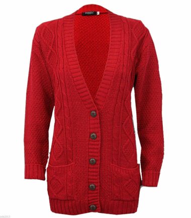 New Womens Chunky Cable Knitted ButtonUp Long Sleeve Grandad Cardigan Jumper Top