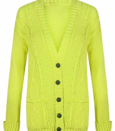 New Womens Chunky Cable Knitted ButtonUp Long Sleeve Grandad Cardigan Jumper Top