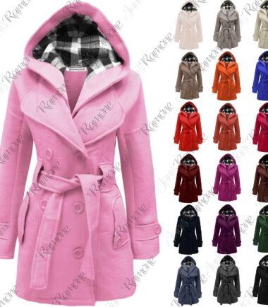 New Womens Ladies Belted Fleece Hooded Coat Button Long Sleeve Warm Jacket Top