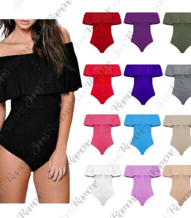 New Women Ladies Off The Shoulder Ruffle Frill Bardot Plain Bodysuit Leotard Top