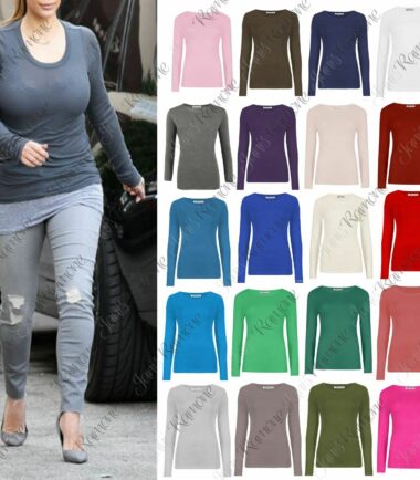 New Women Round Neck Long Sleeve Plain Casual Stretchy Tee Basic Fit T-Shirt Top