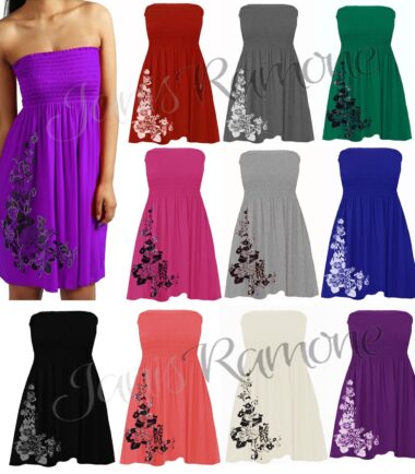 New Womens Floral Glitter Print Bandeau Boobtube Sheering Swing Mini Dress Top