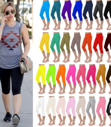 New Womens Plain Stretchy 3/4 Leggings Workout Tight Cropped Capri Active Pants