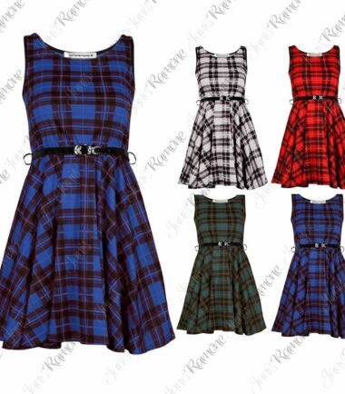 New Womens Tartan Check Printed Sleeveless Belted Skater Flared Swing Dress Top