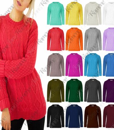 New Womens Crew Neck Chunky Cable Knitted Long Sleeve Warm Jumper Sweater Dress