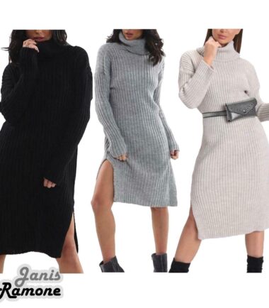 Womens Polo Roll Neck Chunky Knitted Side Split Baggy Warm Midi Jumper Dress Top
