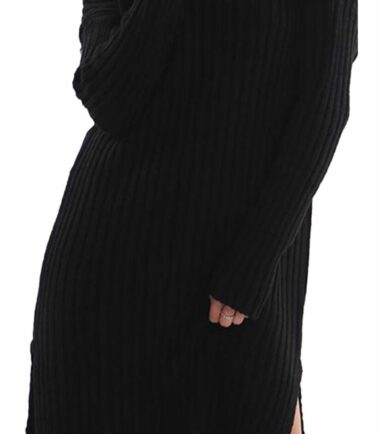 Womens Polo Roll Neck Chunky Knitted Side Split Baggy Warm Midi Jumper Dress Top