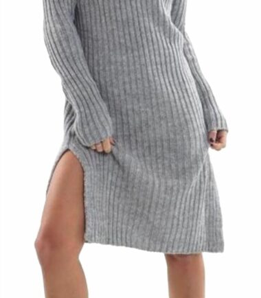 Womens Polo Roll Neck Chunky Knitted Side Split Baggy Warm Midi Jumper Dress Top