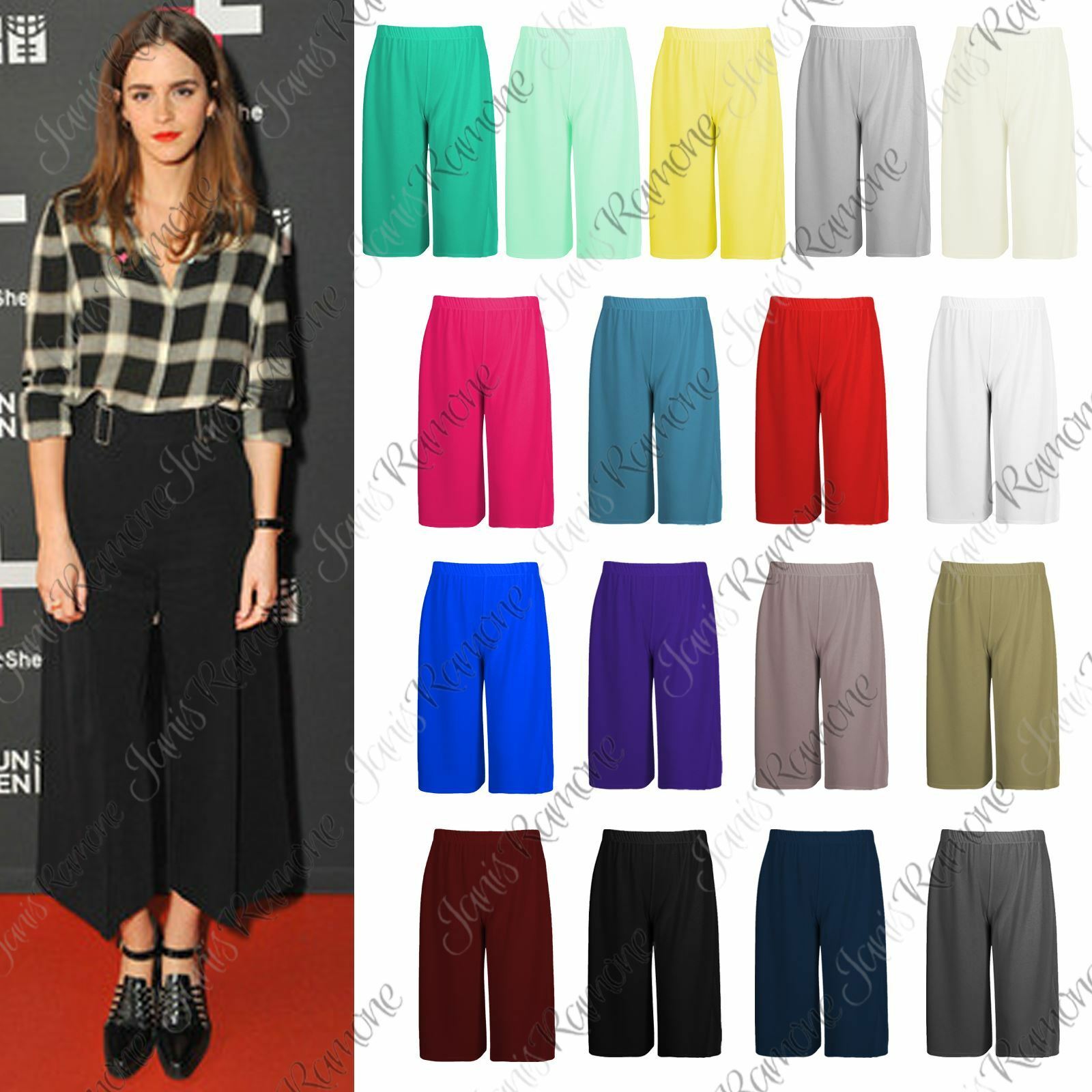 Womens-Plain-Wide-Leg-Culottes-3/4-Length-Shorts-Trousers-Casual-Palazzo-Pants Womens Plain Wide Leg Culottes 3/4 Length Shorts Trousers Casual Palazzo Pants