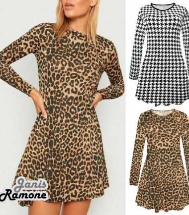 Womens Leopard Printed Long Sleeve Flared Swing Dress Skater Mini Top Plus Size