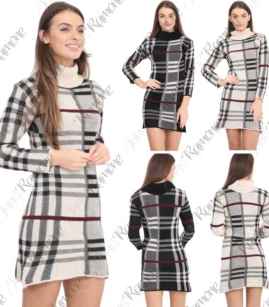 New Womens LongSleeve Checked Knit Cowl Polo Neck Bodycon Jumper Tunic Dress Top
