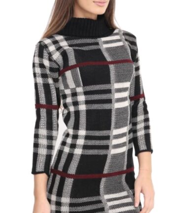 New Womens LongSleeve Checked Knit Cowl Polo Neck Bodycon Jumper Tunic Dress Top