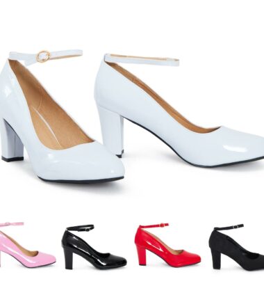 Shelikes Womens Patent Suede Buckle Ankle Strap Mid Block Heel Plus