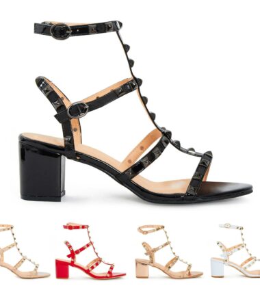 Shelikes Womens Unisex Studded Block Mid Heeled Rivet Sandal Plus Size