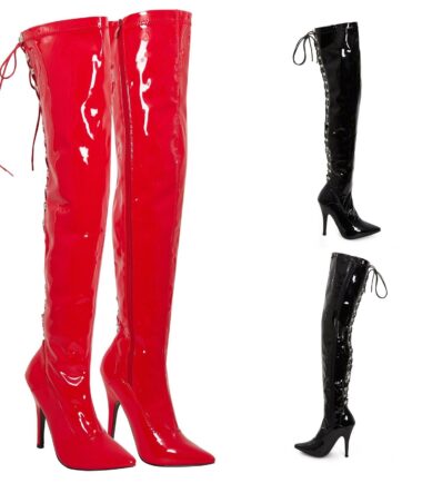 Womens The Knee High Shiny Patent Thigh Kinky Over Stiletto Hook Lace Up Boots