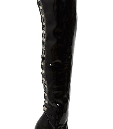 Womens The Knee High Shiny Patent Thigh Kinky Over Stiletto Hook Lace Up Boots