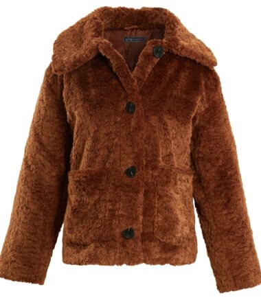 Shelikes Borg Teddy Fur Collar Brown Winter Short Button Up Jacket Coat Size