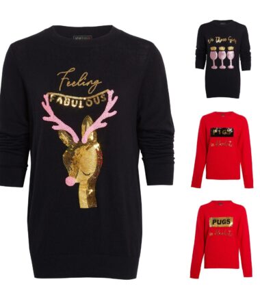 Womens Sequin GIN PUGS PIGS Christmas Glitter Jumper Knitwear Sweater Top