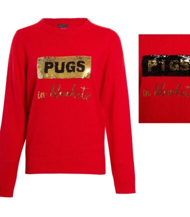 Womens Sequin GIN PUGS PIGS Christmas Glitter Jumper Knitwear Sweater Top