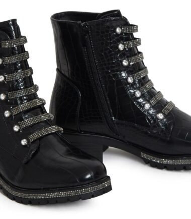 Womens Ankle Boots Vintage Patent Black White Flat Slip On Diamante Shoes Biker
