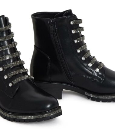 Womens Ankle Boots Vintage Patent Black White Flat Slip On Diamante Shoes Biker