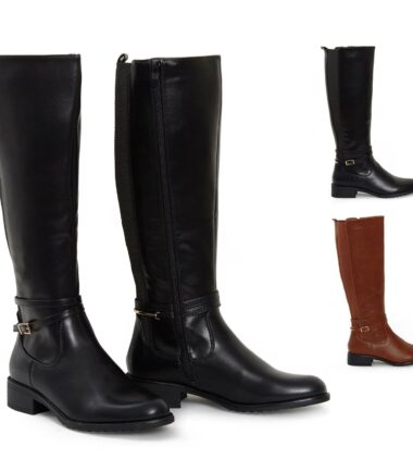 Womens Knee High Gold Buckle Low Black Camel Block Heel Boots Size