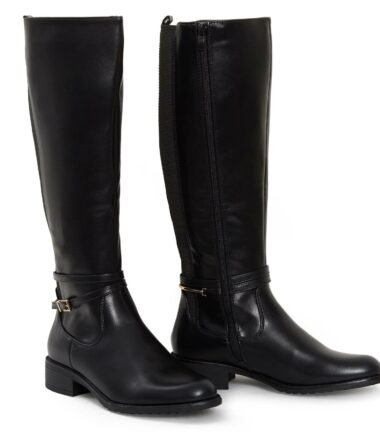 Womens Knee High Gold Buckle Low Black Camel Block Heel Boots Size