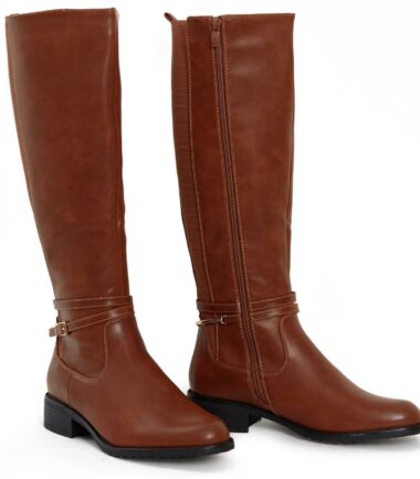 Womens Knee High Gold Buckle Low Black Camel Block Heel Boots Size