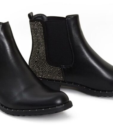 Womens Diamante Glitter PU Party Low Block Heel Ankle Offcie Casual Boots Shoes