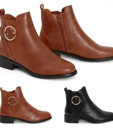 Womens Buckle PU Faux Leather Block Low Heel Ankle Boots Shoes Size