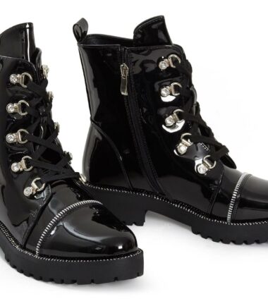 Ladies Ankle Shoes Combat Vintage Army Lace Up Diamante Military Biker Boots