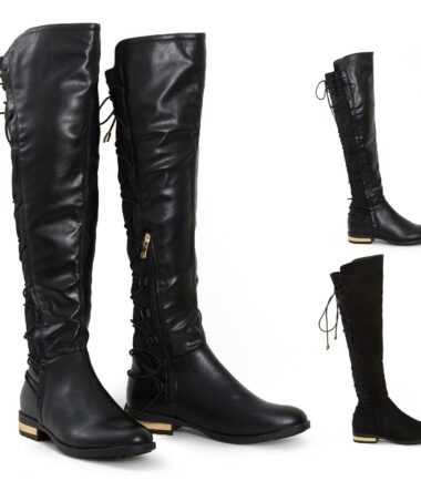 Womens Lace Up Black Style Knee Suede Low Block Gold High PU Heel Zip Up Boots