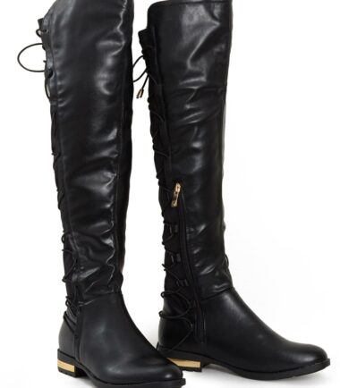 Womens Lace Up Black Style Knee Suede Low Block Gold High PU Heel Zip Up Boots