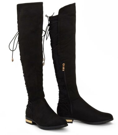Womens Lace Up Black Style Knee Suede Low Block Gold High PU Heel Zip Up Boots