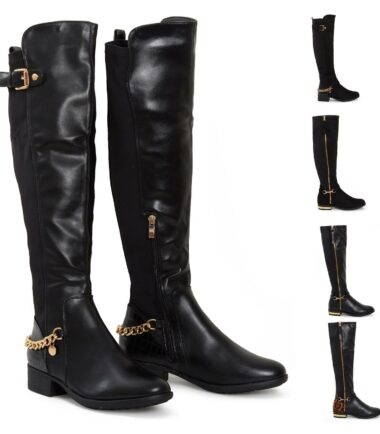 Shelikes Womens Knee High Gold Buckle Chain Leopard Block Heel Zip Low Boots