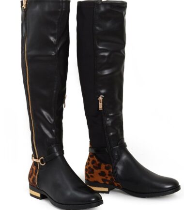 Shelikes Womens Knee High Gold Buckle Chain Leopard Block Heel Zip Low Boots