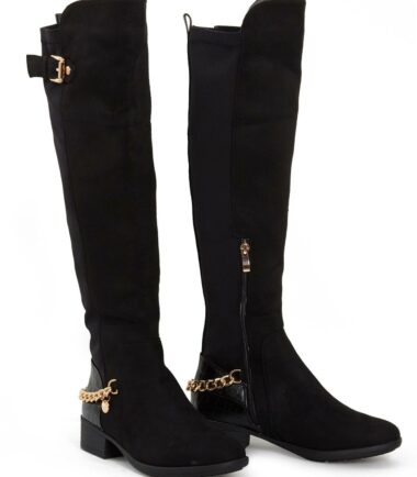 Shelikes Womens Knee High Gold Buckle Chain Leopard Block Heel Zip Low Boots