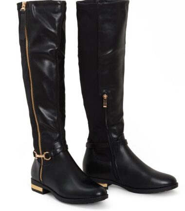 Shelikes Womens Knee High Gold Buckle Chain Leopard Block Heel Zip Low Boots