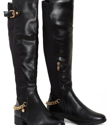 Shelikes Womens Knee High Gold Buckle Chain Leopard Block Heel Zip Low Boots