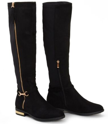 Shelikes Womens Knee High Gold Buckle Chain Leopard Block Heel Zip Low Boots