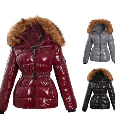 Womens Wet Look Puffer Faux Fur Hood Winter Warm Coat Jacket Size