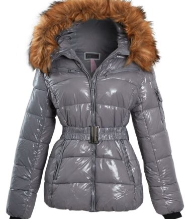 Womens Wet Look Puffer Faux Fur Hood Winter Warm Coat Jacket Size
