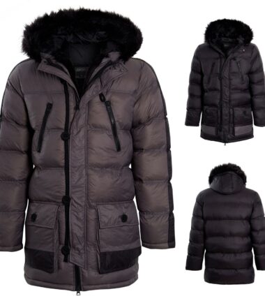Mens Padded Contrast Colour Faux Fur Winter Jacket Detail Padded Parka Coat Size